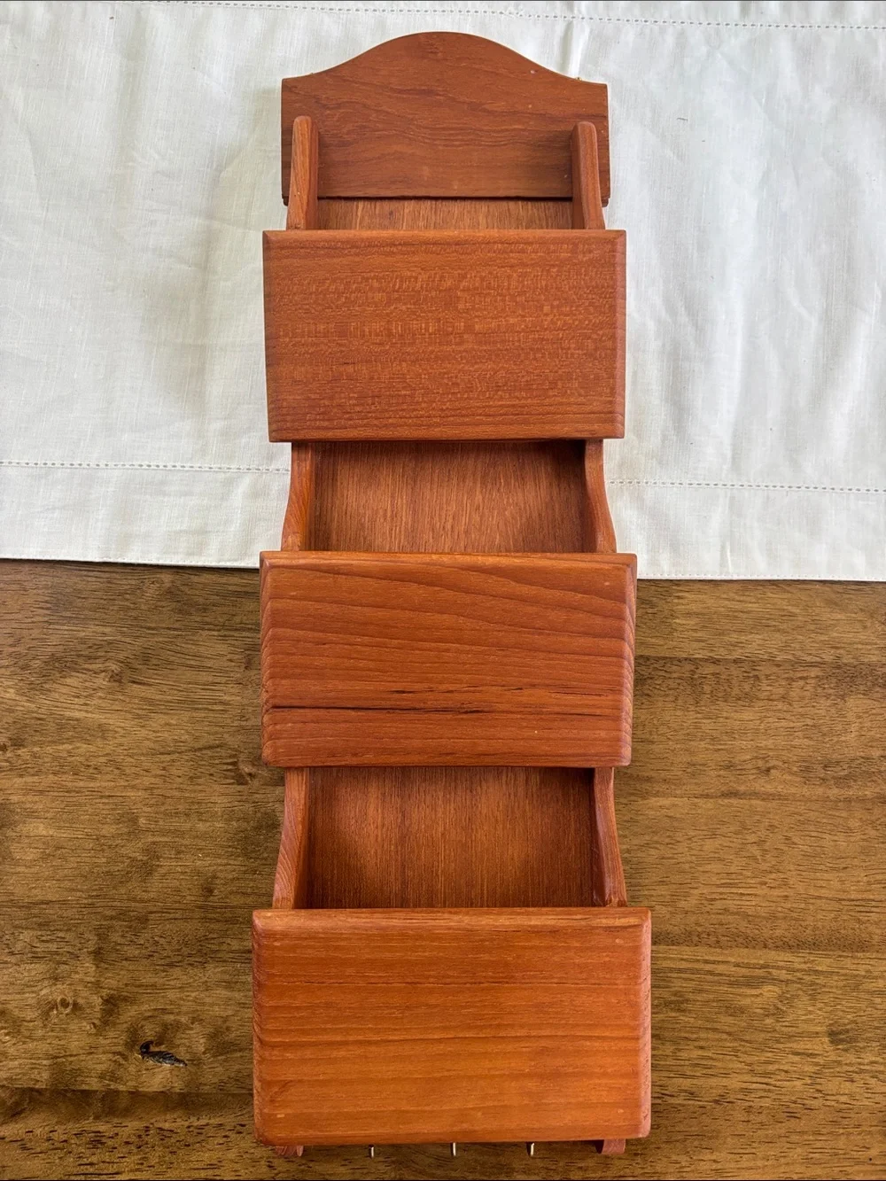 Vintage Goodwood Teak Wood Wall Organizer 3 Tier Entry Letter Holder & Key Hooks